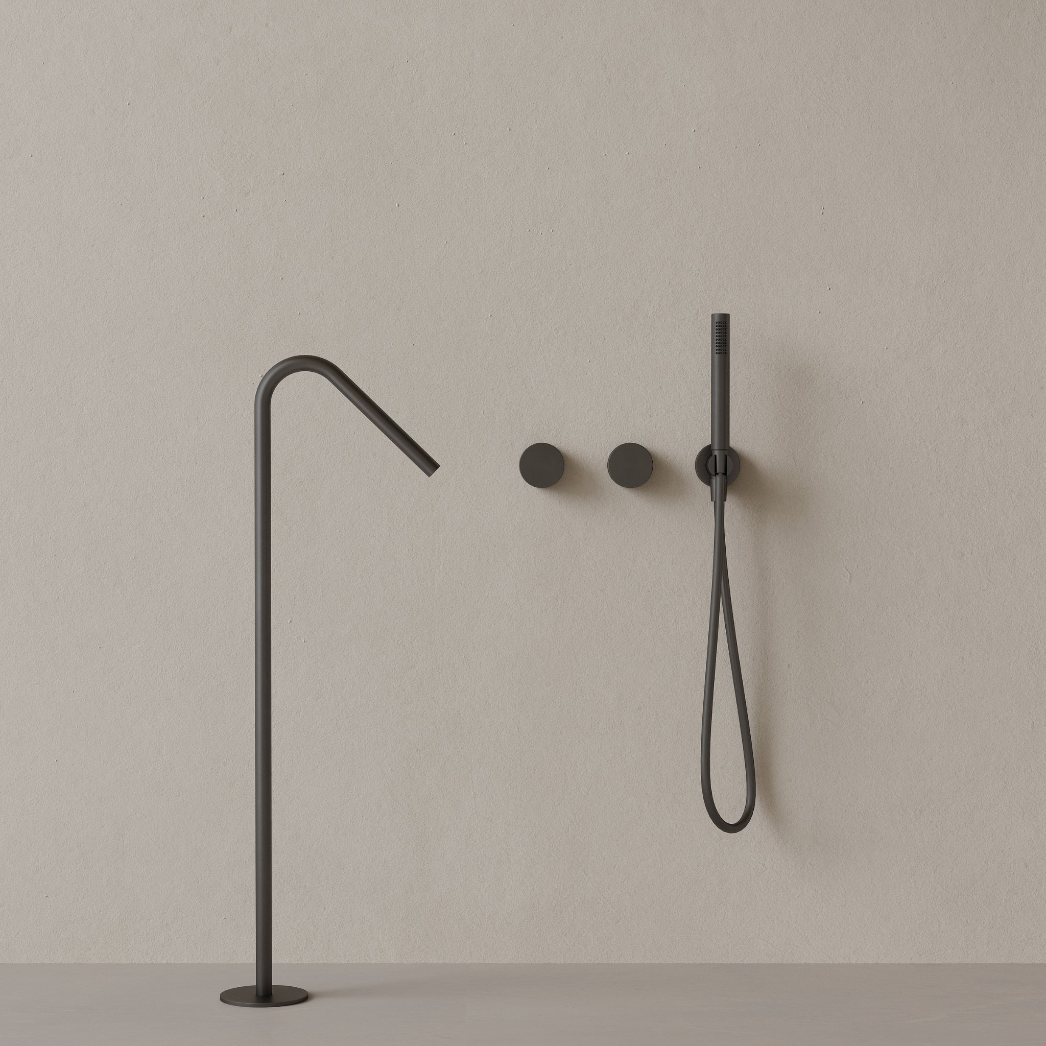 Modern Angled Floor Mounted Bathtub Filler with Dual Knob Control and Handheld