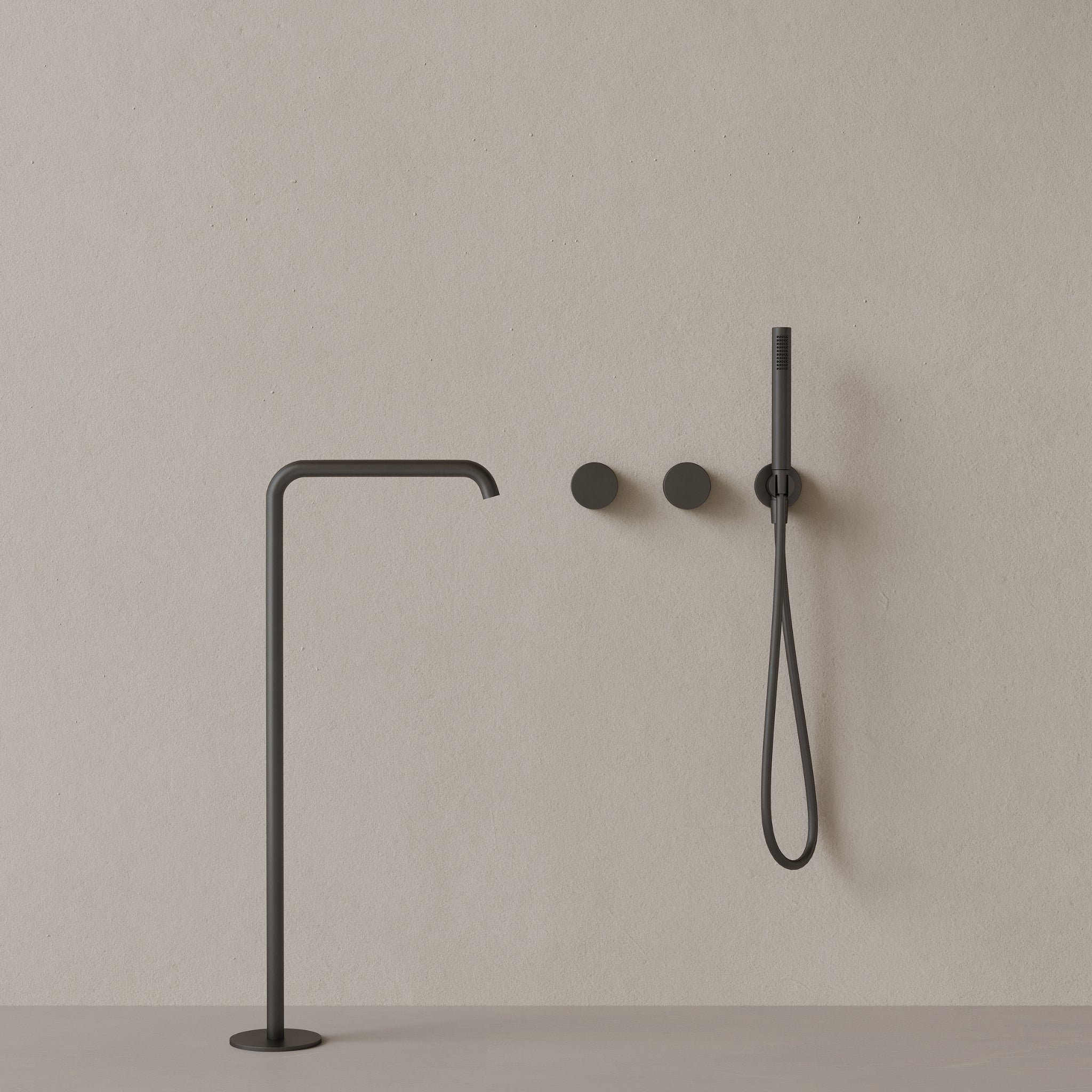 Modern Square Floor-mounted Bathtub Filler with Dual Knob Control and Handheld