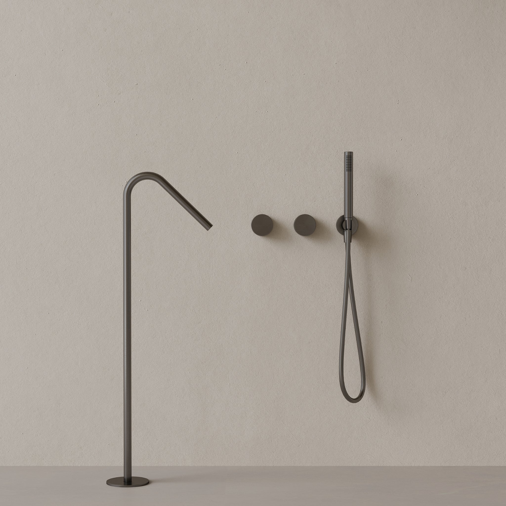Modern Angled Floor Mounted Bathtub Filler with Dual Knob Control and Handheld
