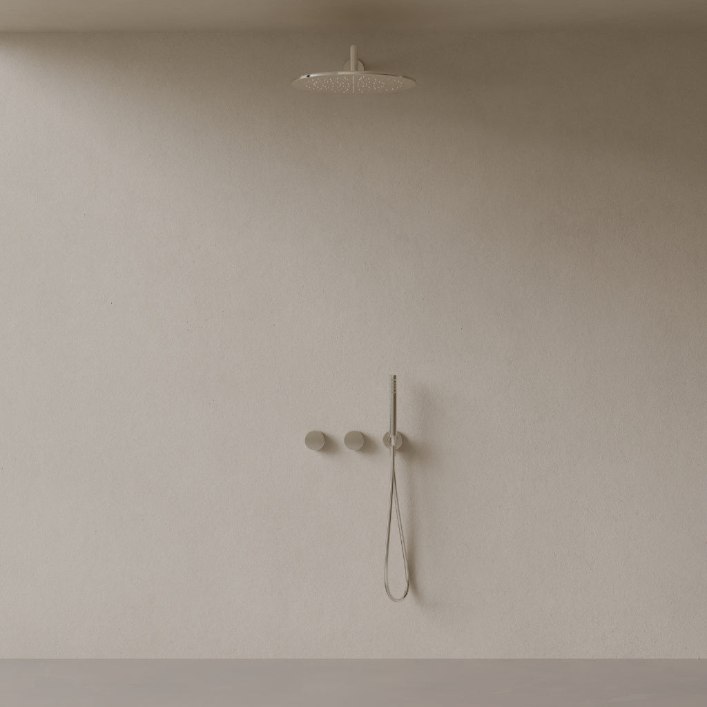 Thermostatic Square Arm Rainfall Shower System with Dual Knob Control and Handheld