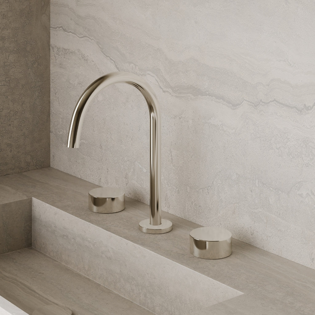Modern High Arc Counter-Mounted Faucet with Circular Knobs